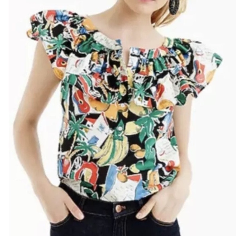 J crew tropical fruit print ruffled off the shoulder top